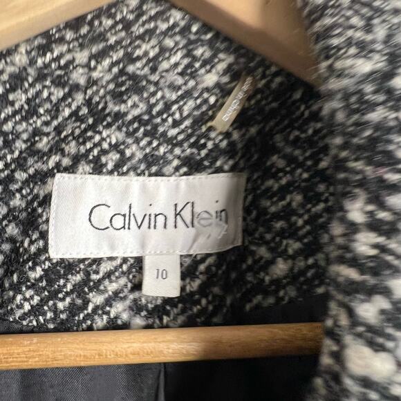 Calvin Klein Black White Boucle Tweed Knit Double Breasted Wool Blend Coat Sz 10 - Picture 8 of 8